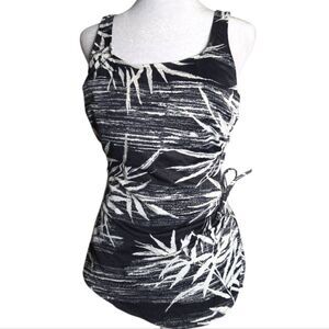 Vintage Beach Cabana Black & White Tropical Leaf Side Tie One Piece Swimsuit L